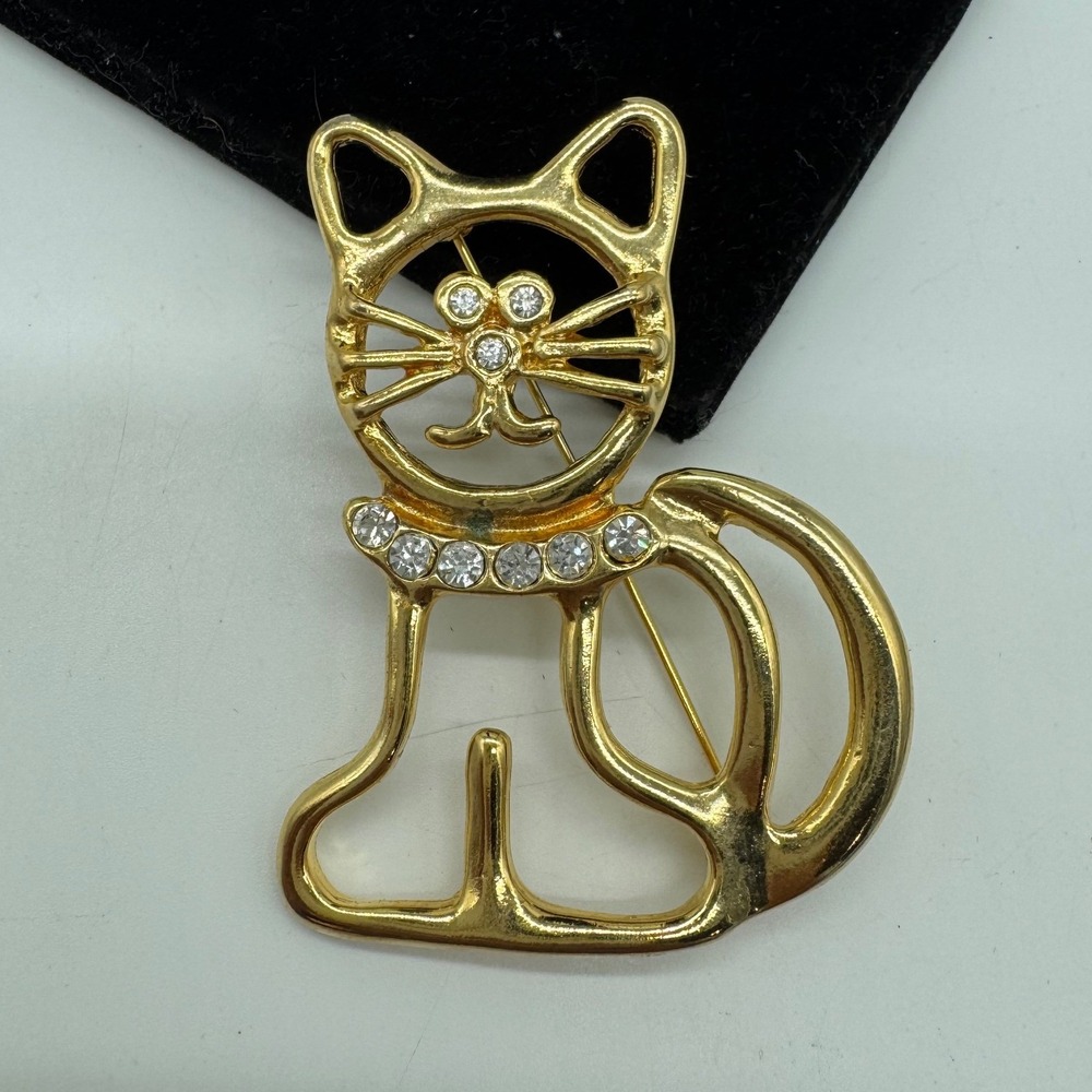Vintage Gold Tone Rhinestone Cat Brooch Openwork Feline Animal Pin Sparkly Pin